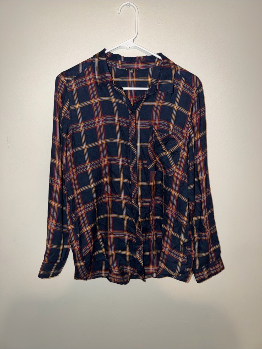 Staccato Women’s Small Navy Plaid Button Down Shirt Blouse